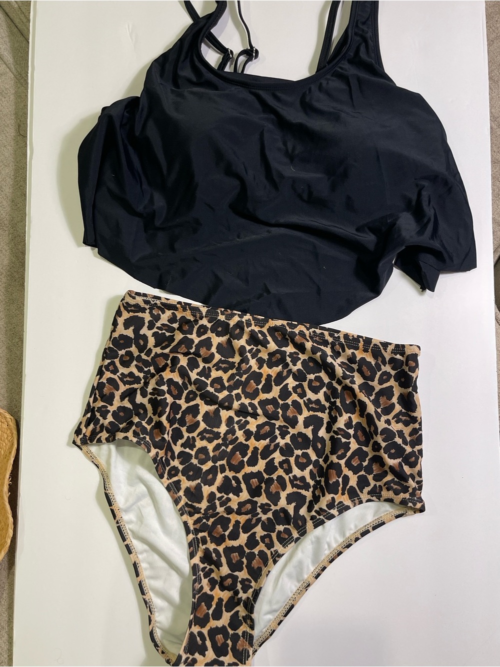 High-Waist Leopard Bikini Bottoms with Black Tank Swim Top